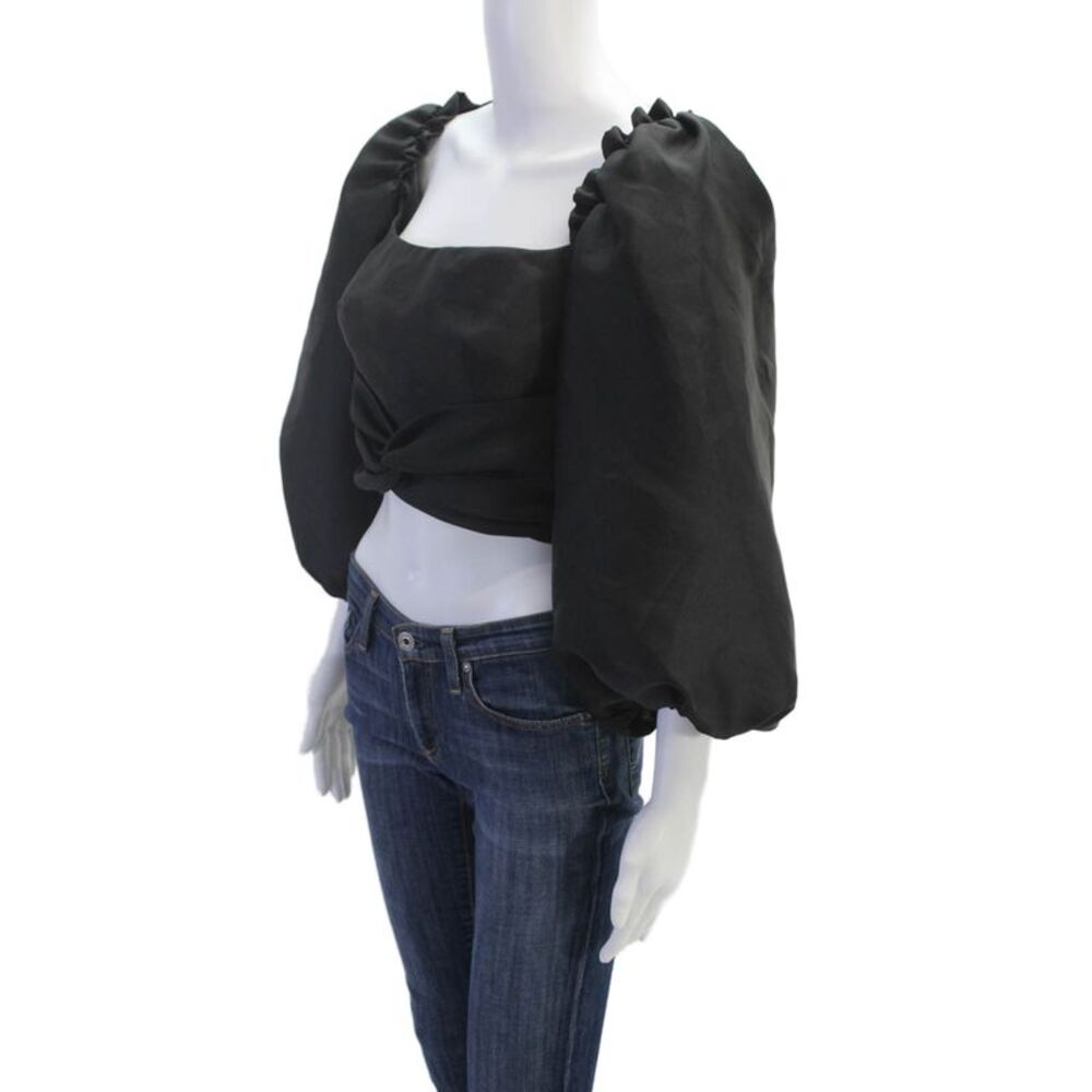 PatBO Womens Cropped Long Puff Sleeve Square Neck Blouse Black Size 4 - Picture 2 of 6